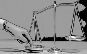 Biased Justice - finger on scale to obtain a desired verdict.