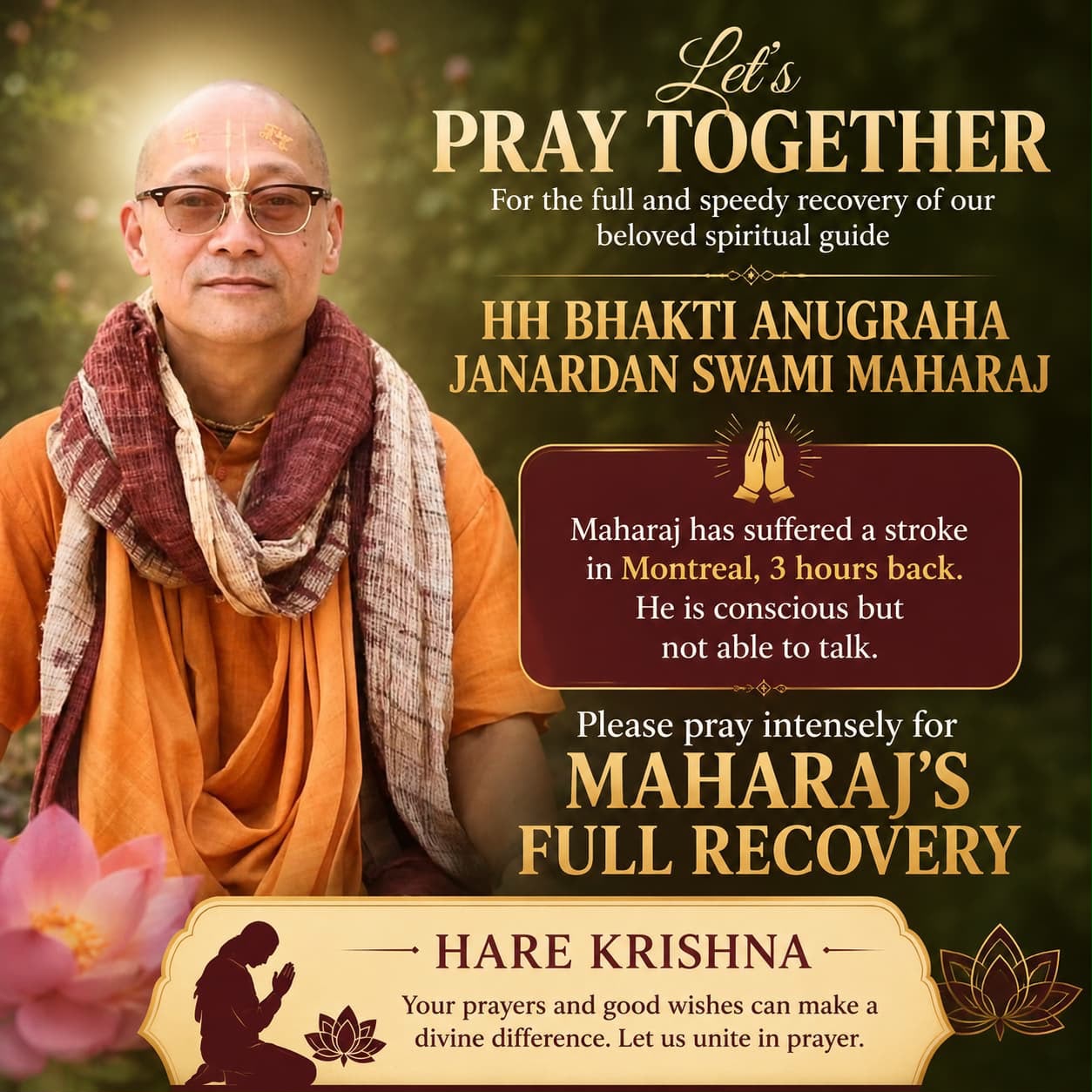 Poster asking devotees to pray for Bhakti Anugraha Janardana Swami after a stroke in Montreal