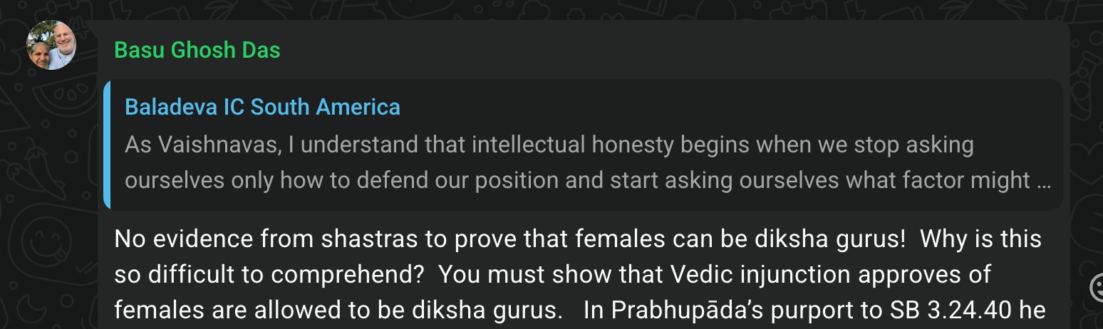 Screenshot of a WhatsApp message by Basu Ghosh Das replying to Baladeva Dasa